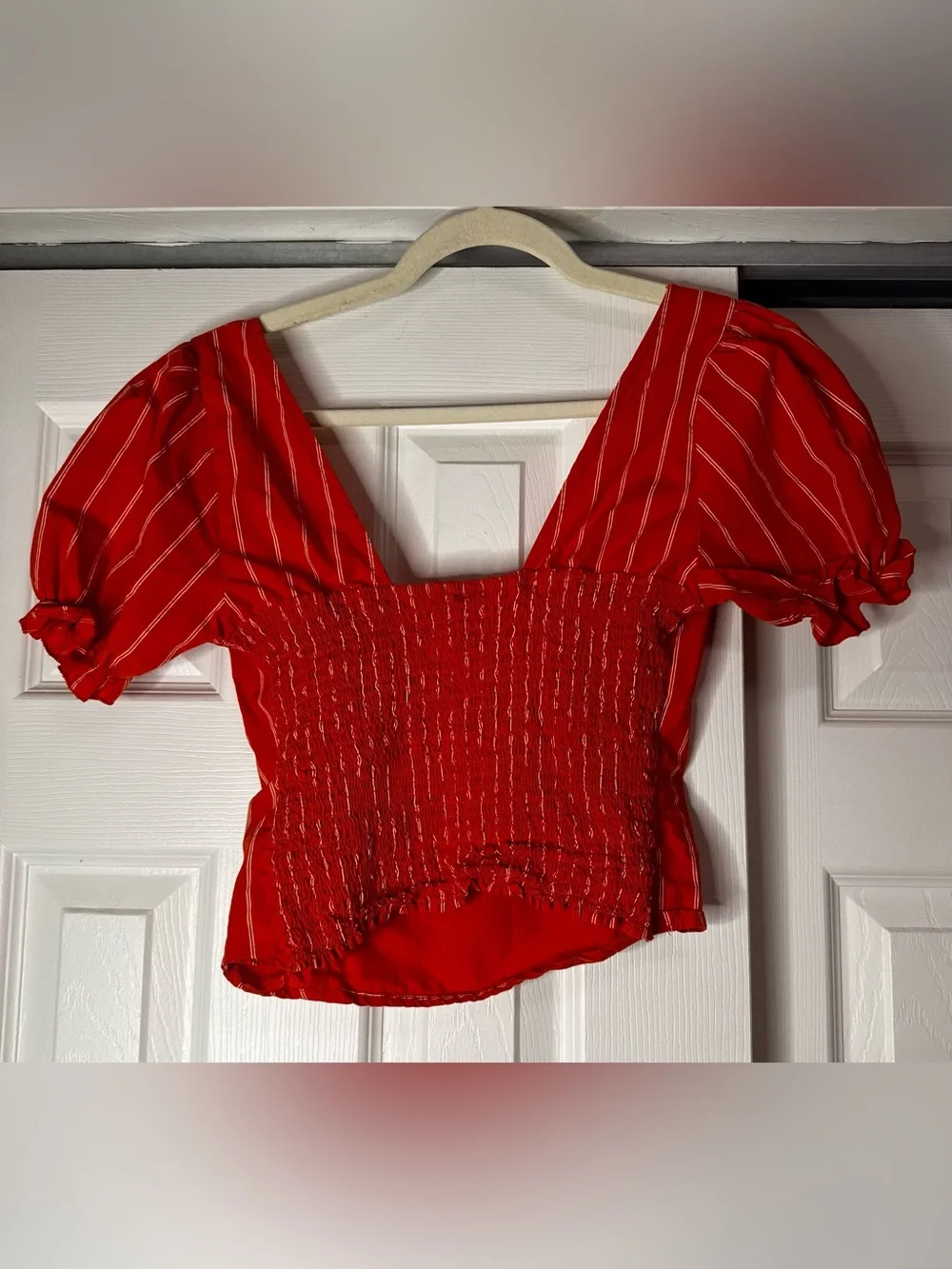 Free People Orange and White Striped Square-Neck Puff Sleeve Blouse - Size M